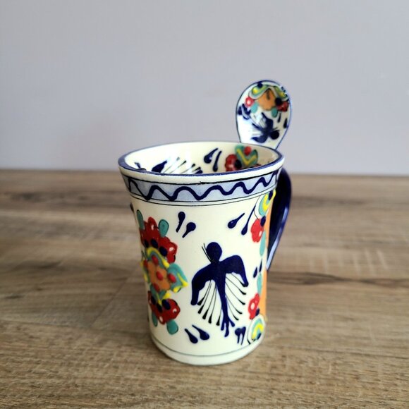Mexican hand painted mug with spoon. - Picture 2 of 7